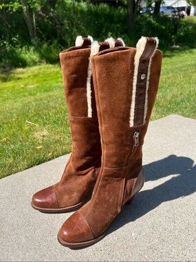 UGG Chestnut Brown Suede Leather Shearling-Trim Pull-on Cap Toe Knee High Boots